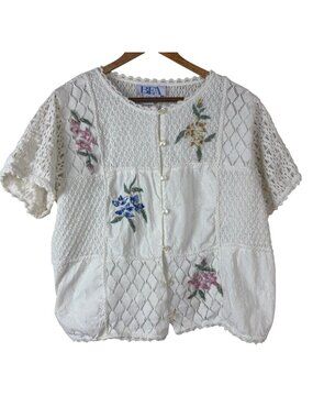 BFA Classics Vintage Crochet Embroidery Top Size XL Floral Open Knit Grannycore